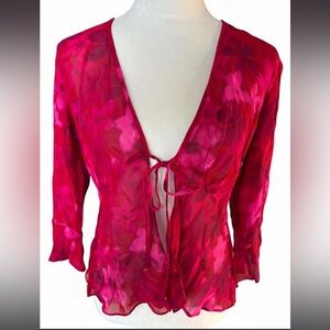 Y2K Vintage Positive Attitude red floral sheer blouse tie front and bell sleeves